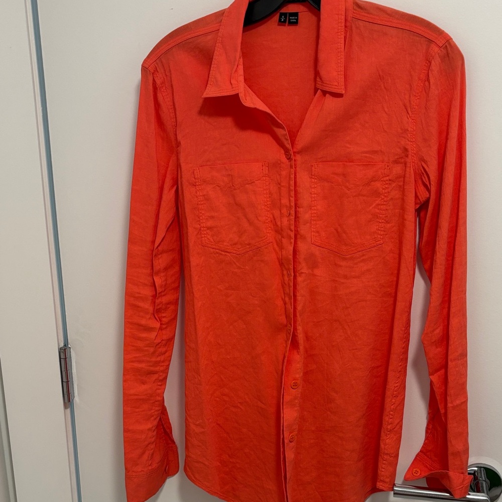 Theory Bright Orange Stretch Long Sleeve Shirt- Size  S Excellent Condition